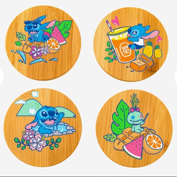 DISNEY LILO & STITCH BAMBOO COASTERS 4 PC. SET! Cute Colorful Tropical Boba Tea - Picture 1 of 6